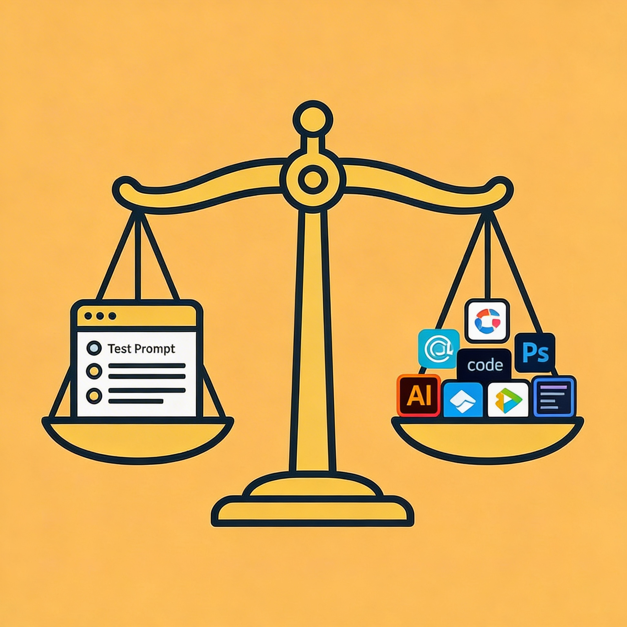Balance scale comparing standardized test prompts against multiple AI coding platforms